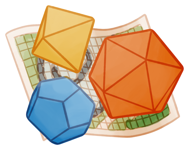 Three dice on a Dungeons and Dragons map.