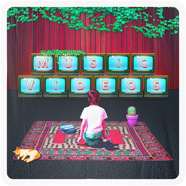 A child on an oriental rug is mesmerized by a stack of televisions spelling out 